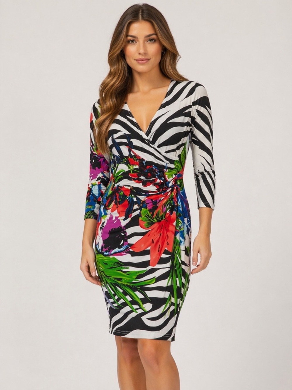 Joseph Ribkoff Dress Size 10 Zebra Floral Knee Length 3/4 Sleeve Wrap Stretch - Picture 3 of 11
